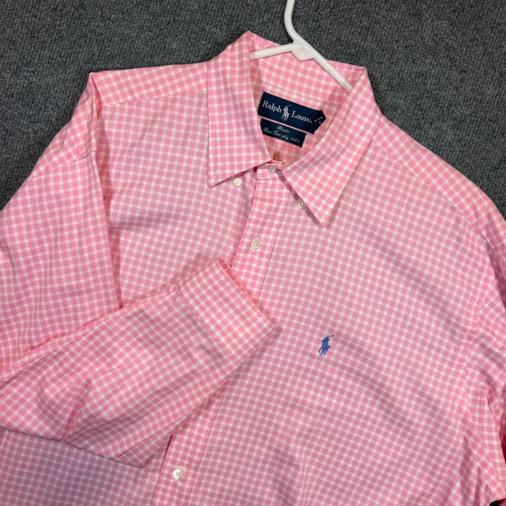 Ralph Lauren Blake Shirt Mens Large Pink Gingham Fine Two-Ply 100s Cotton Button